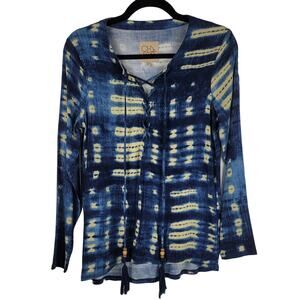 Chaser Beachy Bohemian Blue Tan Tie Up with Tassles Blouse S